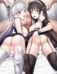  1boy 2girls after_sex after_vaginal anus arm_garter ass azur_lane belfast_(azur_lane) black_dress black_thighhighs blue_dress blue_eyes blue_ribbon blush bow braid breasts breasts_out breath brown_hair censored clothed_female_nude_male clothes_lift commentary commission cuffs cum cum_in_mouth cum_in_pussy cum_on_penis cum_string cumdrip dress dress_lift erection ffm_threesome foot_out_of_frame french_braid from_behind garter_straps green_eyes grey_hair group_sex hair_ribbon hand_on_own_ass henria highres large_breasts long_hair looking_at_viewer looking_back lying maid maid_headdress mosaic_censoring multiple_girls newcastle_(azur_lane) nipples no_panties nude on_stomach open_mouth pussy ribbon shackles skeb_commission sleeveless sleeveless_dress soles striped striped_bow sweat thighhighs threesome tongue tongue_out white_bow white_thighhighs 