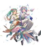  2girls ahoge aqua_eyes ass ball breasts bubble crystal cuboon fire_emblem fire_emblem_heroes forehead_jewel full_body heidr_(fire_emblem) highres holding holding_ball japanese_clothes jewelry kimono large_breasts looking_to_the_side multicolored_hair multiple_girls non-web_source obi official_alternate_costume official_art open_mouth parted_lips purple_hair sandals sash second-party_source seidr_(fire_emblem) seidr_(new_year)_(fire_emblem) short_hair smile solo tabi teeth torn_clothes white_background yellow_eyes 