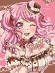  1girl amefuri_(amefuri0420) bang_dream! blush breasts dress earrings hair_ornament hair_ribbon happy_birthday heart heart_hands highres jewelry long_hair looking_at_viewer maruyama_aya medium_breasts one_eye_closed open_mouth pink_eyes pink_hair ribbon smile solo teeth two_side_up upper_teeth_only white_dress 
