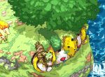  animal_focus aomon_(yuuji7604) claws cliff colored_skin commentary_request fire from_above grass grookey highres horse monkey no_humans pokemon pokemon_(creature) ponyta rapidash regigigas rock tree water waterfall white_skin 
