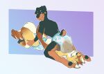 anthro back_scar blackson blowout canid canine canis diaper diaper_on_face domestic_dog duo ear_stripes feces fox fur hand_on_arm hand_on_leg hi_res leaking_diaper male male/male mammal mastiff messy_diaper molosser nub_tail pooping rottweiler scar scat simple_background sitting_on_another smellyzep soiled_diaper soiling soiling_diaper tail