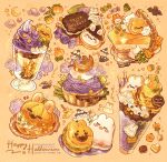  2022 animal-themed_food artist_name bat_(animal) bow broom candy candy_corn cantaloupe cantaloupe_slice commentary crescent_moon english_commentary english_text food food_focus fork fruit ghost glass green_bow halloween happy_halloween hat highres ice_cream ice_cream_cone ice_cream_sandwich macaron moon nao_(bestrollever) no_humans orange_background original parfait pie pie_slice plaid plaid_bow plate pocky pumpkin pumpkin_pie rabbit simple_background smoke star_(symbol) star_wand trick_or_treat whipped_cream witch_hat 