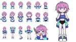  1girl @_@ ahoge aqua_jacket arms_behind_back blush caramelldansen chibi concept_art gun hands_on_own_face heart heart-shaped_pupils heart_hands holding holding_gun holding_knife holding_weapon jacket knife messy_hair moe_shop multiple_views navel pink_eyes pink_hair pointing_gun purple_footwear purple_tank_top short_hair simple_background socks solo sweatdrop symbol-shaped_pupils tank_top weapon white_background white_socks wotoha yandere 