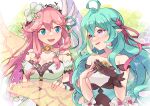  2girls ahoge aqua_eyes bare_shoulders braided_sidelock breasts brooch cleavage dragalia_lost ekra fairy fairy_wings fang flower gloves hair_flower hair_ornament jewelry large_breasts long_hair looking_at_another meene_(dragalia_lost) multiple_girls notte_(dragalia_lost) own_hands_together pink_hair single_glove skin_fang small_breasts upper_body very_long_hair wings 