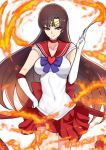  bishoujo_senshi_sailor_moon brown_hair choker collarbone covered_navel cowboy_shot cyicheng fire flame gloves hino_rei long_hair looking_to_the_side miniskirt pleated_skirt purple_eyes sailor_collar sailor_mars sailor_senshi_uniform skirt smile solo super_sailor_mars 