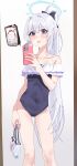  1girl absurdres bare_arms bare_legs bare_shoulders black_one-piece_swimsuit blue_archive blue_halo blush cellphone covered_navel doodle_sensei_(blue_archive) feet_out_of_frame frilled_one-piece_swimsuit frills grey_hair gubbi_on halo highres holding holding_phone long_hair looking_at_viewer miyako_(blue_archive) miyako_(swimsuit)_(blue_archive) official_alternate_costume one-piece_swimsuit open_mouth phone ponytail purple_eyes sensei_(blue_archive) smartphone solo swimsuit 