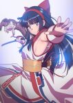  1girl ainu_clothes andrian_januar_adilia armpits bare_shoulders bird black_hair blue_eyes bow breasts bright_pupils closed_mouth english_commentary hair_bow hairband hawk highres holding holding_sword holding_weapon jewelry kodachi long_hair looking_at_viewer mamahaha nakoruru outstretched_arms reaching reaching_towards_viewer red_bow red_hairband ring samurai_spirits short_sword sideboob solo sword upper_body weapon white_pupils 