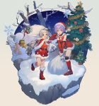  2girls a.i._voice ahoge alternate_costume bare_tree bell belt black_belt black_socks blue_eyes blunt_bangs blush bob_cut boots capelet carrying_over_shoulder character_snowman christmas christmas_lights christmas_ornaments christmas_present christmas_tree commentary_request crossed_bangs detached_sleeves dress faux_figurine floating_hair fur-trimmed_capelet fur-trimmed_dress fur-trimmed_footwear fur-trimmed_headwear fur-trimmed_mittens fur_trim gift glint grey_hair hair_ornament hairclip hat highres holding holding_sack hood hood_down hooded_capelet kizuna_akari kizuna_akari_(tsubomi) knee_boots long_hair looking_at_viewer mittens multiple_girls neck_bell night open_mouth outdoors outstretched_arm over-kneehighs purple_eyes purple_hair red_capelet red_dress red_footwear red_mittens sack santa_costume santa_dress santa_hat shirinda_fureiru short_dress short_hair sleeveless sleeveless_dress smile snow snowflakes snowing socks sparkle sparkle_hair_ornament standing standing_on_one_leg sweatdrop thighhighs tree voiceroid yuzuki_yukari yuzuki_yukari_(shizuku) 