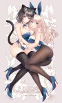  2girls adapted_costume animal_ears atago_(kancolle) ayase_hazuki bare_shoulders black_hair black_pantyhose black_thighhighs blonde_hair blue_leotard blush bow bowtie breasts cat_ears cat_girl cat_tail comiket_103 covered_navel detached_collar extra_ears fake_animal_ears fake_tail floral_background green_eyes grey_background high_heels highres kantai_collection large_breasts large_pectorals leotard long_hair looking_at_viewer multiple_girls open_mouth pantyhose pectorals playboy_bunny rabbit_ears red_eyes short_hair smile strapless strapless_leotard tail takao_(kancolle) thighhighs traditional_bowtie wrist_cuffs 