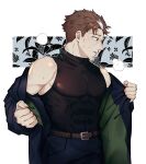  1boy bara belt beryl_gardernant black_jacket black_pants black_shirt blazer brown_belt brown_hair closed_mouth collarbone covered_abs facial_hair formal goatee green_eyes hands_in_pockets highres indietro_verde jacket katainaka_no_ossan_kensei_ni_naru looking_to_the_side male_focus mature_male multicolored_hair muscular muscular_male open_clothes open_jacket pants pectorals removing_jacket shirt sidepec simple_background sleeveless solo steaming_body stubble suit turtleneck two-tone_hair white_hair 