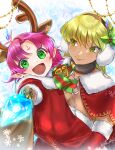  2girls :d absurdres antlers bell blonde_hair bow breasts brown_gloves cape carrying carrying_person child cleavage dark-skinned_female dark_skin earmuffs elbow_gloves facial_mark fae_(fire_emblem) fae_(winter)_(fire_emblem) fire_emblem fire_emblem:_the_binding_blade fire_emblem_heroes forehead_mark fur_trim gloves green_eyes highres igrene_(fire_emblem) large_breasts long_hair long_sleeves looking_at_another looking_at_viewer mole mole_under_eye multiple_girls open_mouth pointy_ears purple_hair reaching reaching_towards_viewer red_gloves reindeer_antlers short_hair smile tsukimura_(d24f4z8j3t) yellow_eyes 