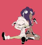  2girls boots crown dark_skin domino_mask dress fingerless_gloves gloves grin hair_over_one_eye hime_(splatoon) iida_(splatoon) inkling looking_at_viewer mask multiple_girls ontaros pink_background pointy_ears short_shorts shorts simple_background sitting sleeveless sleeveless_dress smile splatoon_(series) splatoon_2 symbol-shaped_pupils tentacle_hair wariza 