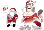 absurd_res anthro big_breasts breasts canid canine canis cervina7_(artist) christmas christmas_clothing christmas_headwear cleavage clothed clothing countershading duo felid feline female fur grey_body grey_fur hair hat headgear headwear hi_res holidays huge_breasts mammal santa_claus santa_hat simple_background