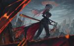  1girl bodysuit breasts closed_mouth energy_sword gloves goddess_of_victory:_nikke grey_hair holding holding_sword holding_weapon large_breasts lightsaber long_hair looking_at_viewer red_lightsaber scarlet_(black_shadow)_(nikke) scarlet_(nikke) solo sword two-tone_cape very_long_hair weapon xi_xeong 