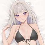  1girl arm_up bed_sheet bikini black_bikini breasts close-up front-tie_bikini_top front-tie_top highres kuen_(kuennn12) light_brown_hair long_hair looking_at_viewer lying medium_breasts mole mole_under_eye on_back original purple_eyes solo string_bikini swimsuit 