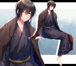  1boy akirannu barefoot black_hair black_kimono closed_mouth drop_shadow expressionless facial_hair goatee hair_between_eyes highres invisible_chair japanese_clothes kimono letterboxed long_sleeves looking_at_viewer male_focus original outside_border purple_eyes short_hair sitting smile stubble variations wide_sleeves zoom_layer 