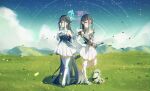  &lt;key&gt;_(blue_archive) 2girls absurdly_long_hair absurdres alternate_costume aris_(blue_archive) black_hair blue_archive blue_eyes blush boqee closed_mouth day dress elbow_gloves gloves grass green_halo halo highres long_hair multiple_girls open_mouth outdoors pink_halo pleated_skirt red_eyes sheath sheathed short_sleeves skirt smile standing sword thighhighs very_long_hair weapon white_dress white_gloves white_skirt white_thighhighs 