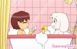  2018 anthro asriel_dreemurr bath bathtub blowing blush bubble caprine child cub cute duo fangs fur gaminggoru goat hi_res human male mammal nude protagonist_(undertale) rubber_duck undertale video_games white_fur young 