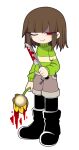  1other androgynous black_footwear blood blood_on_knife blood_on_weapon boots brown_hair brown_shorts chara_(undertale) closed_mouth evil_smile flower flowey_(undertale) funamusea_(style) green_sweater holding holding_flower holding_knife knife one_eye_closed red_eyes shirt short_hair shorts simple_background smile striped striped_shirt striped_sweater sweater thc_(thc3795) thighhighs undertale weapon white_background 