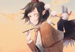  1girl black_hair black_wings brown_jacket feathered_wings from_side hat highres jacket looking_at_viewer one_eye_closed orange_sky pen pointy_ears pom_pom_(clothes) poteimo_(poteimo622) red_eyes shameimaru_aya shirt short_hair sky smile tokin_hat touhou upper_body white_shirt wings 