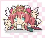  arm_support ass bangs blush_stickers breasts checkered checkered_background cherub chibi closed_mouth commentary_request dress eyebrows_visible_through_hair green_eyes hair_between_eyes hair_ornament heart heart_hair_ornament long_hair lying medium_breasts multiple_wings nude on_stomach pink_wings puzzle_&amp;_dragons red_hair rinechun sidelocks sleeveless sleeveless_dress smile tiara venus_(p&amp;d) white_dress wings 