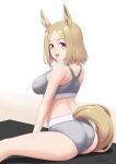  1girl animal_ears ass blonde_hair breasts feet_out_of_frame from_behind grey_panties grey_sports_bra highres horse_ears horse_girl horse_tail large_breasts looking_at_viewer narita_top_road_(umamusume) panties red_eyes short_hair smile solo sports_bra t2r tail umamusume underwear white_background 