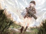  after_rain assault_rifle bangs black_footwear black_gloves blurry boots cloud combat_boots day depth_of_field dutch_angle fatigues g11 g11_(girls_frontline) girls_frontline gloves grass gun hair_between_eyes holding holding_gun holding_weapon lens_flare light_particles long_hair long_sleeves looking_at_viewer lyrah777 mountain one_eye_closed reflection rifle silver_hair solo sun sunlight thighs very_long_hair walking water weapon yawning yellow_eyes 