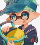  1boy aqua_hair blue_eyes blue_headwear commentary_request highres holding holding_weapon inkling inkling_boy ochocho2828 pointy_ears sad sailor_collar sailor_shirt school_uniform shirt short_hair simple_background slosher_(splatoon) solo splatoon_(series) splatoon_3 tears tentacle_hair upper_body visor_cap weapon white_background 