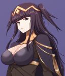  1girl blunt_bangs bodystocking breasts circlet cleavage fire_emblem fire_emblem_awakening hiramine_akira large_breasts long_hair open_mouth purple_background purple_eyes purple_hair ringed_eyes solo tharja_(fire_emblem) two_side_up upper_body 