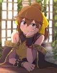  1girl bare_shoulders bow bracelet breasts brown_eyes brown_hair chromatic_aberration delthea_(fire_emblem) fang fang_out fire_emblem fire_emblem_echoes:_shadows_of_valentia hair_between_eyes hair_bow hand_on_own_face highres hiramine_akira jewelry medium_breasts medium_hair ponytail solo uneven_eyes window yellow_bow 