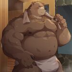 1:1 2023 abs absurd_res anthro bear belly ben_(zenless_zone_zero) bodily_fluids brown_body bulge chain_necklace claws clothed clothing cute_fangs detailed_background hi_res jewelry kemono male mammal mihoyo musclegut muscular muscular_male necklace overweight overweight_male park_draw sauna solo sweat towel towel_around_neck underwear underwear_only zenless_zone_zero