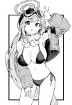  1girl :o absurdres bikini blue_archive breasts down_jacket eimi_(blue_archive) eimi_(swimsuit)_(blue_archive) goggles goggles_on_head greyscale halo hayashi_itsuki highres jacket large_breasts long_hair looking_at_viewer monochrome navel official_alternate_costume ponytail scarf side-tie_bikini_bottom solo standing swimsuit thighs 