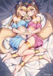  2girls alternate_costume animal_ear_fluff animal_ears barefoot blonde_hair blue_eyes blue_hair blue_nails blue_skirt blue_tube_top blush breasts commentary dog_ears dog_girl dog_tail fang feet fuwawa_abyssgard highres hololive hololive_english interlocked_fingers large_breasts legs looking_at_viewer lying mococo_abyssgard multicolored_hair multiple_girls nail_polish on_side open_mouth pink_eyes pink_hair pink_nails pink_skirt pink_tube_top ruby_suguri sidelocks skin_fang skirt small_breasts smile strapless streaked_hair tail toenail_polish toenails toes tube_top two_side_up virtual_youtuber 