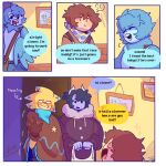 1:1 anthro avian beak bird black_hair blue_hair blush brown_hair building clothed clothing clover_(undertale_yellow) clownboo_art coat comic dalv_(undertale_yellow) dialogue english_text eyewear female gesture glasses greeting grocery_bag group hair horn house human humanoid male mammal martlet_(undertale_yellow) poncho portrait purple_body purple_skin purse scarf starlo_(undertale_yellow) text topwear undertale undertale_(series) undertale_yellow vampire waving wings