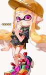  1girl :p absurdres arrow_(symbol) baseball_cap black_shorts commentary_request full_body hat highres inkling inkling_girl long_hair multicolored_footwear myon_rio orange_hair orange_headwear pink_eyes pointy_ears shoes short_shorts shorts simple_background solo splatoon_(series) standing tentacle_hair tongue tongue_out v white_background yellow_trim 