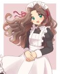  1girl apron black_dress blush border bow breasts brown_hair dot_nose dress green_eyes hair_bow hair_ribbon idolmaster idolmaster_cinderella_girls idolmaster_cinderella_girls_starlight_stage kahiika kusakabe_wakaba long_hair long_sleeves looking_at_viewer maid maid_apron maid_headdress open_mouth outside_border pink_background puffy_long_sleeves puffy_sleeves red_ribbon ribbon simple_background small_breasts smile solo thick_eyebrows wavy_hair white_apron white_border white_headdress 