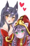  :o ahri black_hair blush commentary fang fox_girl green_eyes heart highres league_of_legends lulu_(league_of_legends) mintmia11 multiple_girls open_mouth purple_hair smile upper_body whisker_markings yellow_eyes yordle 
