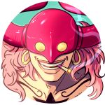  1boy chest_tattoo cigarette close-up earrings ellie_mehl english_commentary eye_mask highres horns jewelry long_hair male_focus one_piece pink_hair simple_background smile smoke solo tattoo who&#039;s_who_(one_piece) 