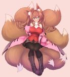  1girl :d animal_ear_fluff animal_ears black_footwear black_pantyhose blush boots breasts brown_hair coat dot_nose fox_ears full_body green_eyes highres knee_boots large_breasts long_hair looking_at_viewer multiple_tails open_mouth original pantyhose pink_background pink_coat plaid plaid_skirt plushmallow rikumaru shirt sidelocks simple_background sitting_on_own_tail skirt smile solo straight-on tail twintails white_shirt 