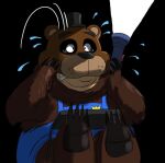 animatronic anthro bear billy_bob_brockali bodily_fluids brown_bear brown_body brown_fur clothed clothing creative_engineering_incorporated digital_media_(artwork) five_nights_at_freddy&#039;s flashlight freddy_(fnaf) freddy_mask_(fnaf) fur grizzly_bear hi_res kotobuki529 machine male mammal mask robot scared scottgames security security_guard showbiz_pizza_place simple_background solo sweat the_rock-afire_explosion ursine