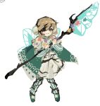  1boy axe branch cape closed_mouth dress e.g.o_(project_moon) earmuffs green_cape holding holding_axe holding_branch limbus_company looking_at_viewer project_moon roots schtiglez simple_background sinclair_(project_moon) smile solo white_background white_dress 