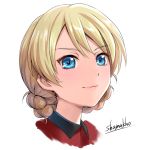  artist_name bangs blonde_hair blue_eyes braid closed_mouth commentary cropped_neck darjeeling eyebrows_visible_through_hair girls_und_panzer jacket looking_at_viewer military military_uniform portrait red_jacket shamakho short_hair simple_background smile solo st._gloriana's_military_uniform tied_hair translation_request twin_braids uniform white_background 