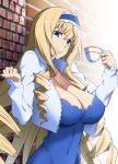  1girl absurdres blonde_hair blue_dress blue_eyes breasts brick_wall cecilia_alcott cleavage cleavage_cutout clothing_cutout commentary_request cropped_jacket cup dress drill_hair hair_between_eyes hairband highres holding holding_cup infinite_stratos jacket lace-trimmed_hairband lace_trim large_breasts long_hair long_sleeves looking_at_viewer mattari_yufi sidelocks smile solo teacup tight_clothes tight_dress upper_body white_jacket 