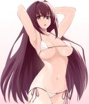  :o armpits arms_up bikini breasts commentary cowboy_shot eyebrows_visible_through_hair fate/grand_order fate_(series) gradient gradient_background hair_intakes large_breasts long_hair looking_at_viewer lowleg lowleg_bikini navel open_mouth pink_eyes purple_hair scathach_(fate)_(all) scathach_(fate/grand_order) shunichi side-tie_bikini simple_background solo standing string_bikini swimsuit underboob very_long_hair white_bikini 