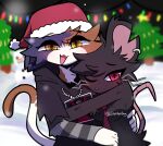 2023 absurd_res anthro artist_name black_body black_clothing black_fur blurred_background blush blush_lines brown_body brown_fur calico_cat camille_(fortnite) cel_shading christmas christmas_clothing christmas_headwear christmas_lights christmas_tree clothing domestic_cat duo ear_piercing embrace english_description epic_games felid feline felis female female/female fortnite fur hand_on_hip hat head_on_chest headgear headwear hi_res holidays hug mammal meow_skulls_(fortnite) mostly_nude multicolored_body multicolored_fur murid murine narrowed_eyes necktie necktie_only notched_ear one_eye_closed open_:3 open_mouth open_smile piercing pink_eyes plant portrait print_clothing print_topwear purple_body purple_fur rat rodent santa_hat shaded size_difference slumberdoq smile snow snowman three-quarter_portrait topwear tree white_body white_fur winter yellow_eyes