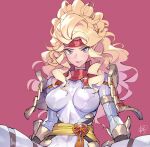  1girl arm_support armor blonde_hair blue_eyes breasts commission hairband long_hair looking_at_viewer matsuda_(matsukichi) original pants pixiv_commission purple_background red_hairband shoulder_armor signature sitting solo spread_legs tongue tongue_out v-shaped_eyebrows white_pants 
