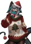  1girl aqua_eyes arknights black_pantyhose christmas christmas_ornaments christmas_present christmas_sweater christmas_tree_print covering_mouth cowboy_shot fur-trimmed_headwear fur_trim gift gingerbread_man_print hair_between_eyes hand_up hat head_wings highres ho&#039;olheyak_(arknights) holding holding_gift holding_with_tail long_sleeves looking_at_viewer medium_hair pantyhose pom_pom_(clothes) prehensile_tail print_sweater red_headwear santa_hat simple_background sketch snake_tail snowflake_print solo sweater tail white_background wings yuec 