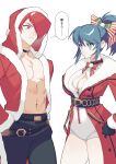  1boy 1girl belt black_pants blue_eyes blue_hair bow bow_choker box breasts capelet choker christmas cleavage cleavage_cutout clothing_cutout crop_top fur-trimmed_capelet fur_trim gloves hair_bow highres hood large_breasts leona_heidern long_hair looking_at_viewer merry_christmas navel one_eye_covered otoseto pants pectorals ponytail red_eyes red_hair santa_costume shorts solo tank_top the_king_of_fighters the_king_of_fighters_all-stars yagami_iori 