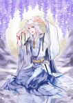  5yuanfreeperson absurdres animal_ears bell bracelet bunny_ears chinese_clothes copyright_name dated duanmu_luoyue flower highres jewelry long_hair male_focus necklace purple_eyes sitting solo spiritpact white_hair 