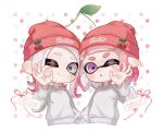  2girls :o beanie closed_mouth commentary_request food-themed_hat_ornament grey_eyes grey_hair hat hat_ornament highres inkling inkling_girl medium_hair multicolored_hair multiple_girls myon_rio octoling octoling_girl one_eye_closed pink_eyes pink_hair pointy_ears red_hair red_headwear smile splatoon_(series) sweater tentacle_hair thick_eyebrows two-tone_hair upper_body white_background white_sweater 